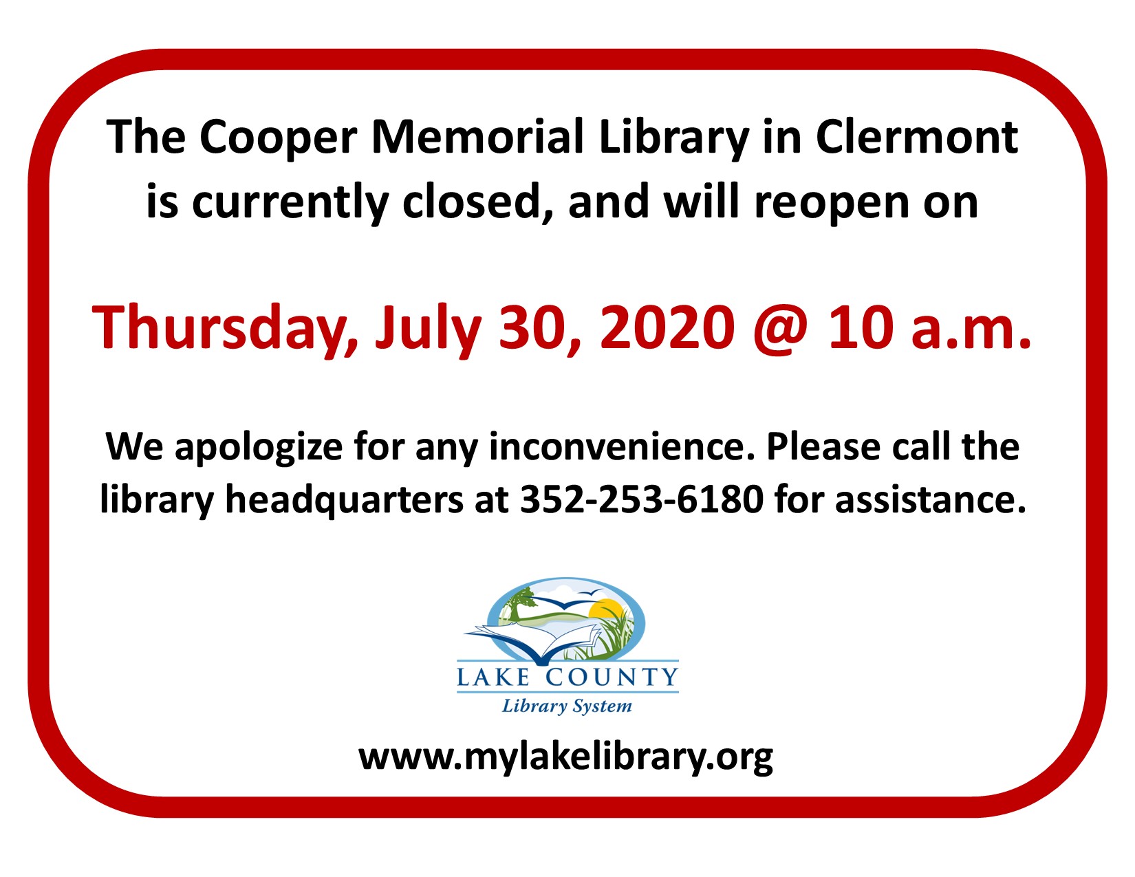 Cooper Memorial Library closed. Reopen Thursday, July 30, 2020.