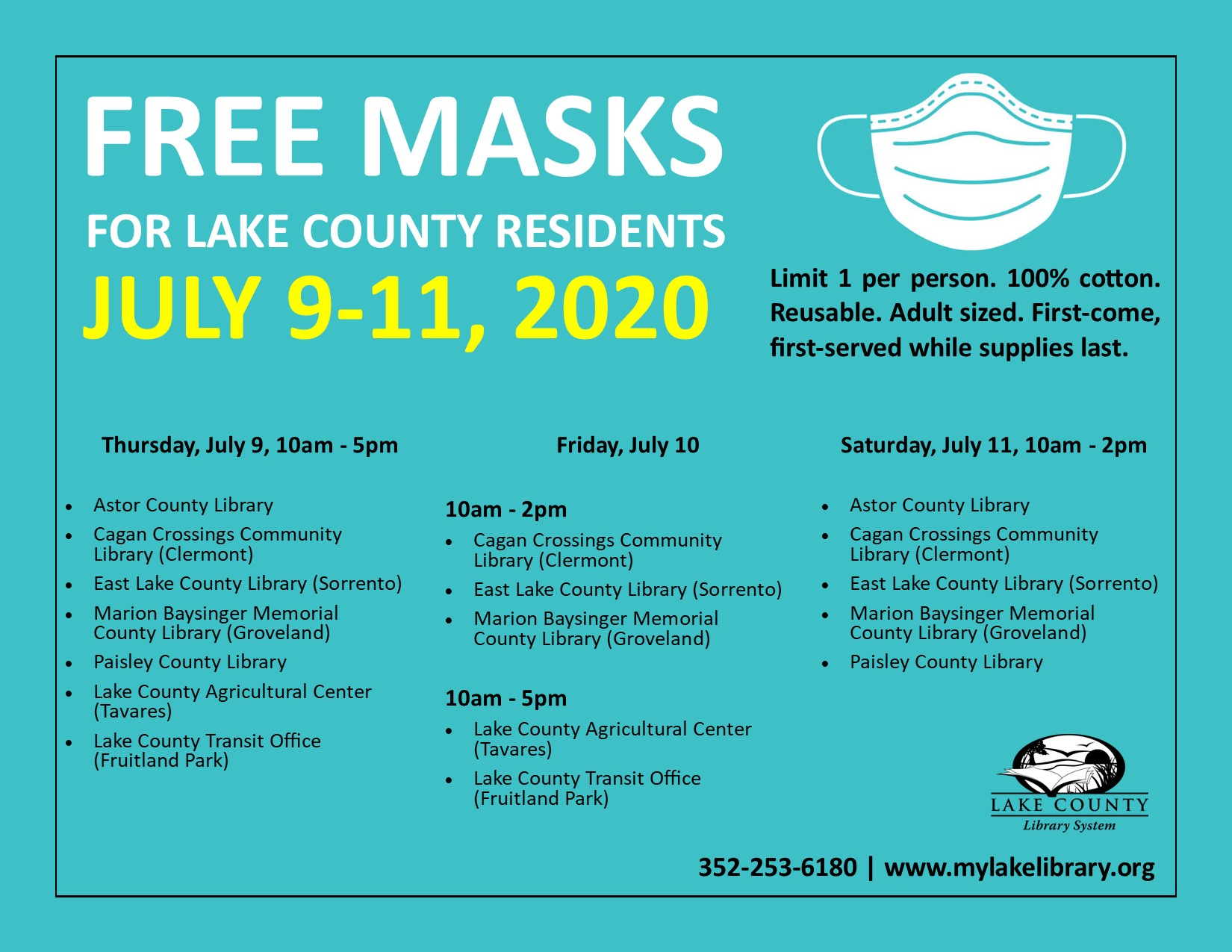 Free masks for Lake County residents. Mask. Book flying.